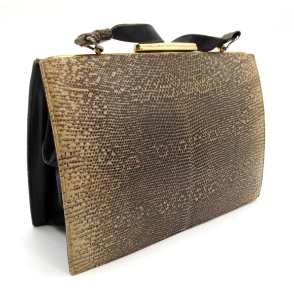 Vintage 60s Genuine Leather Reptile Purse YKK Zip Gold Frame Kiss Lock Bag - Picture 7 of 16
